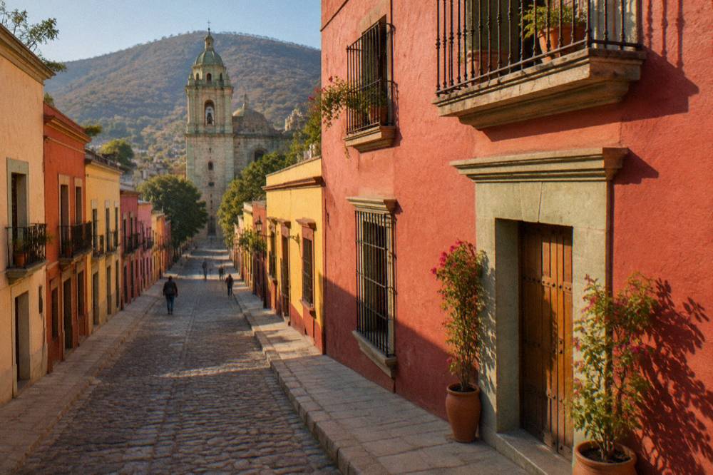 Coloured facade of a guesthouse door in a central Oaxaca street