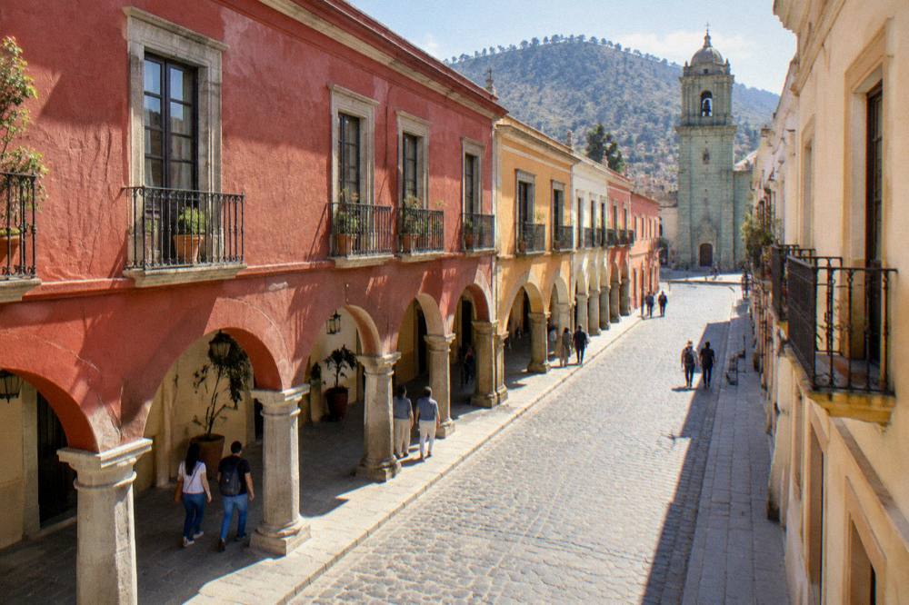 People strolling under the arcade of a colonial street in Oaxaca's historic centre