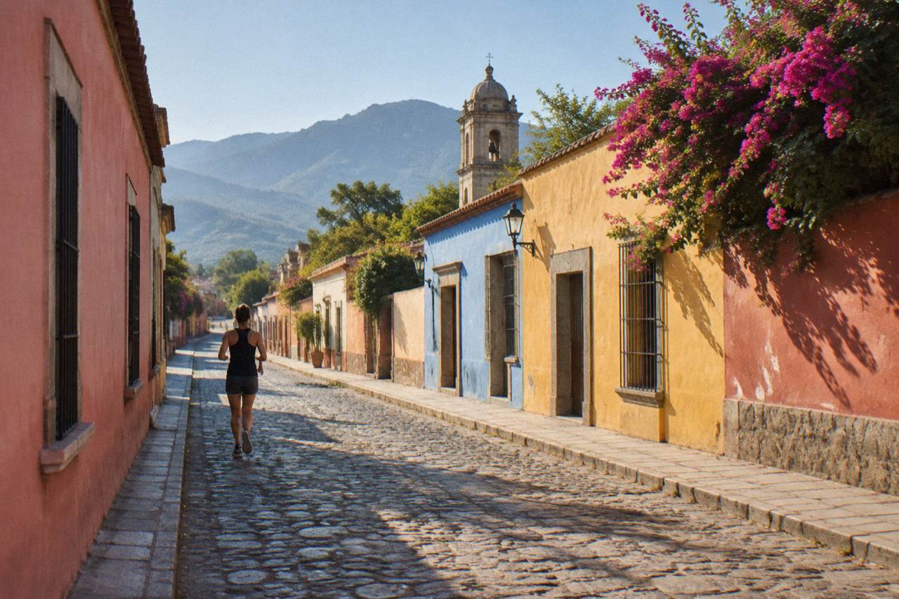 A quiet colonial street in Oaxaca City with painted facades and mountains in the distance