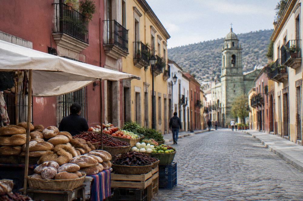 A market stall in Oaxaca with stacked bread, chiles and fresh produce