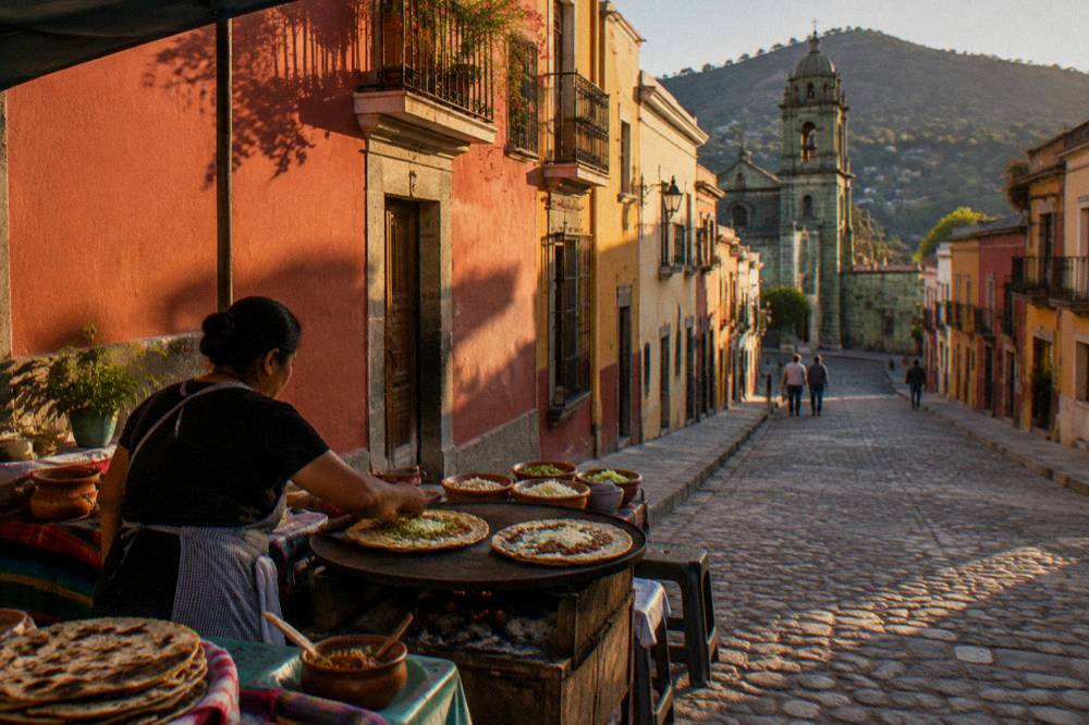 A woman serving tlayudas on a hot comal at an evening street food stall in Oaxaca