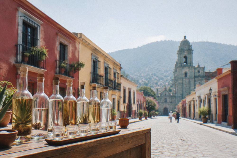 Bottles of mezcal lined up on a wooden tasting bar in Oaxaca City