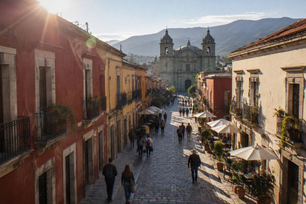 Visitors walking along the pedestrian Andador Macedonio Alcalá toward the church of Santo Domingo in Oaxaca