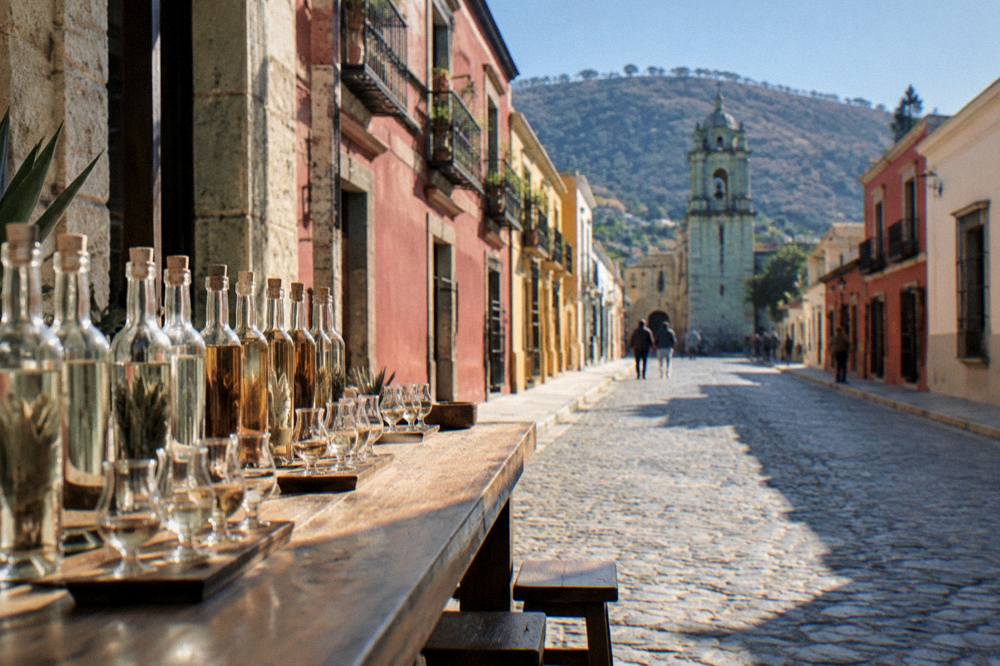 Rows of mezcal bottles and tasting glasses arranged on a wooden bar