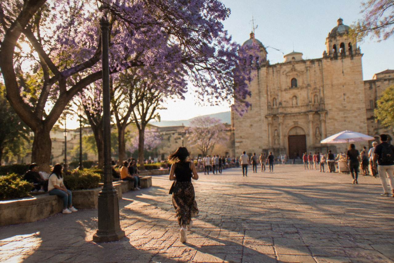 A busy plaza in Oaxaca City with a stone church facade and jacaranda trees under a clear sky