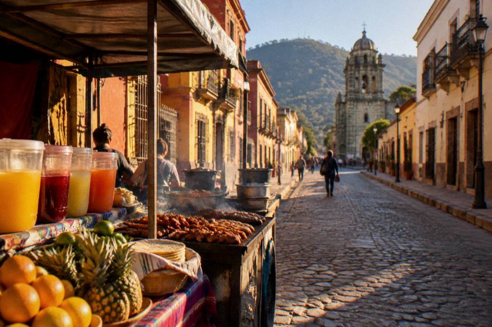 A food stall in an Oaxaca market with grilled meats, tortillas and stacks of fruit drinks