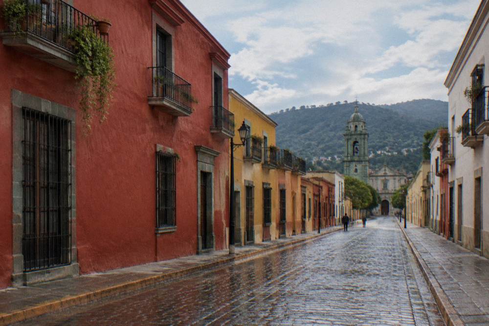 Wet cobblestone street in Oaxaca after an afternoon shower