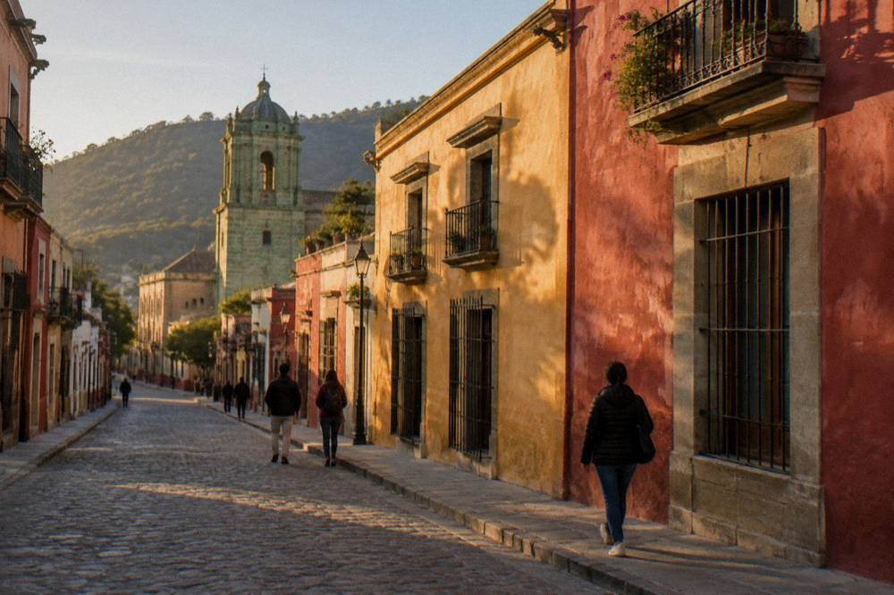 People in jackets walking an Oaxaca street on a cool clear evening