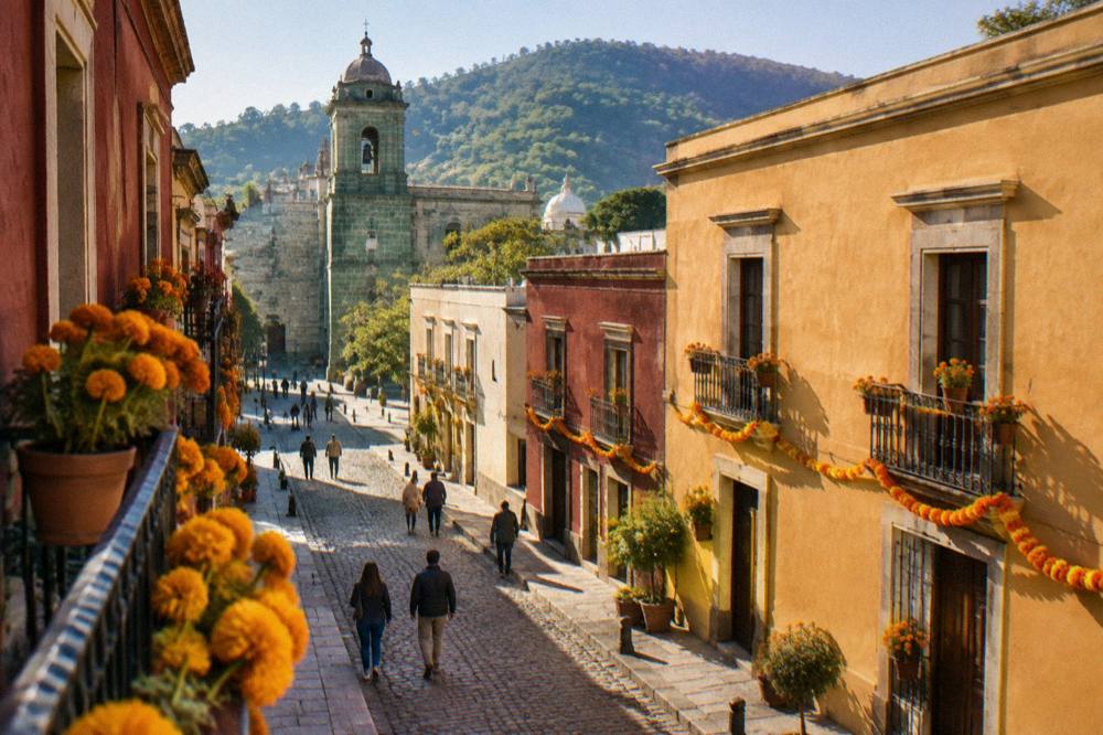 Marigold decorations on a Oaxaca street for Day of the Dead season