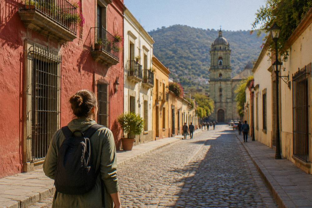 Traveller with a daypack and light jacket on a sunny Oaxaca morning