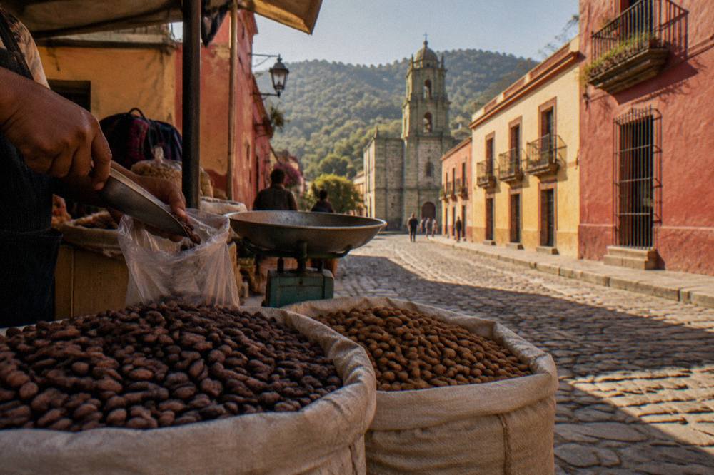 Cacao beans and almonds weighed into a bag at a market stall in Oaxaca