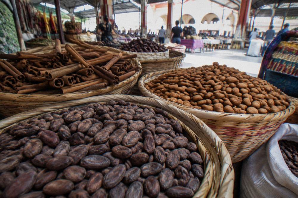 Baskets of cacao beans, almonds and cinnamon sticks for sale in a Oaxaca market hall