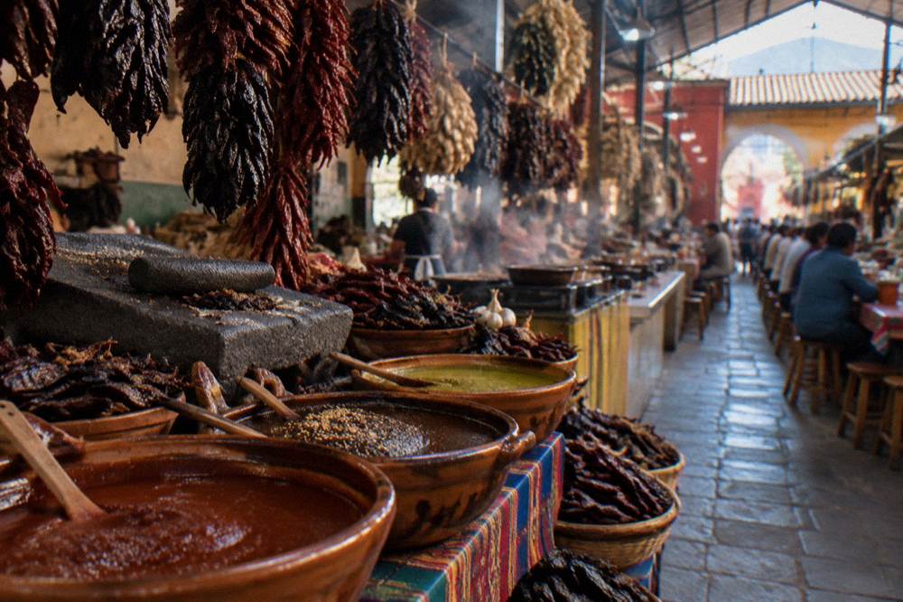 Several clay bowls of mole in deep red, black and green, with a stone metate and dried chiles around them