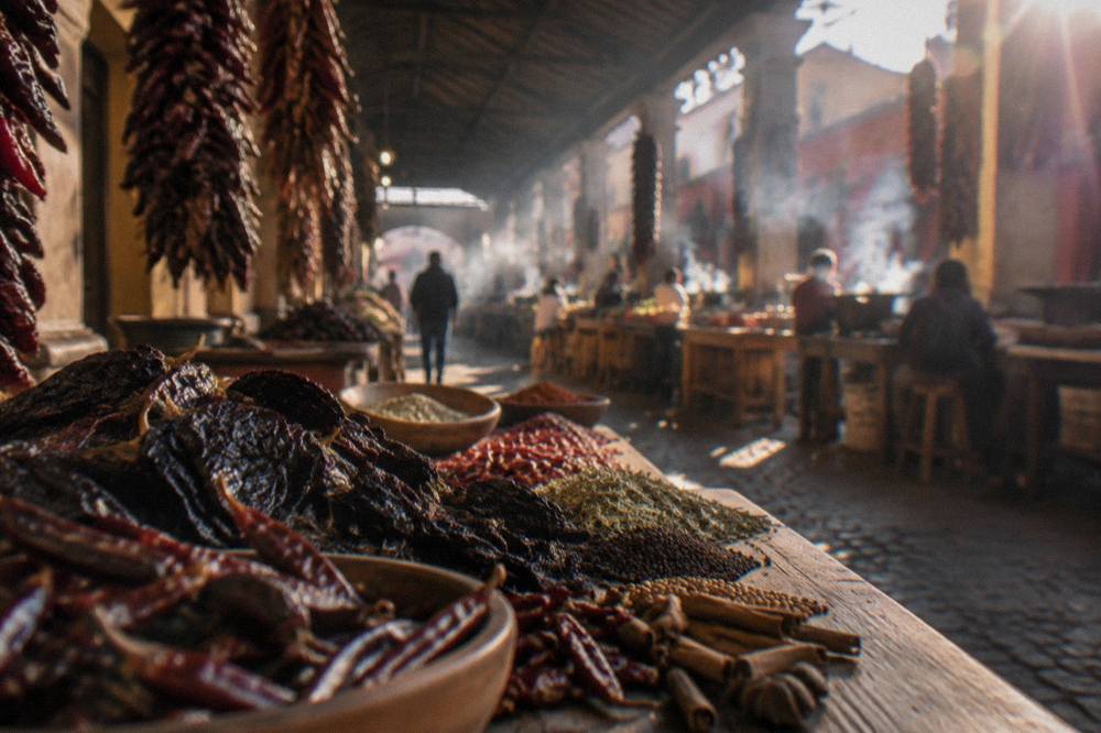 Dried chillies and spices laid out on a wooden table before cooking