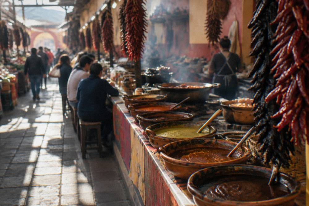 Bowls of different coloured mole sauces lined up on a counter