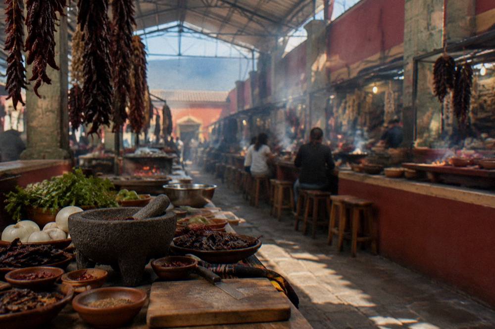 A cooking class workspace with mortar, chillies and preparation bowls