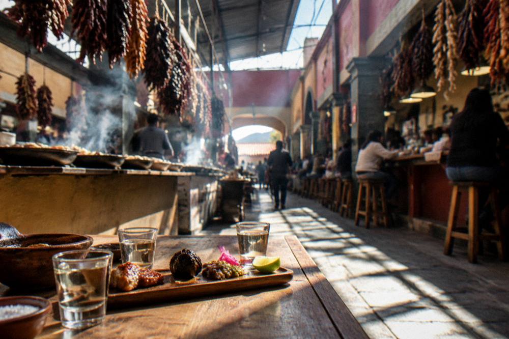 Small glasses of mezcal beside tasting portions of food on a wooden board