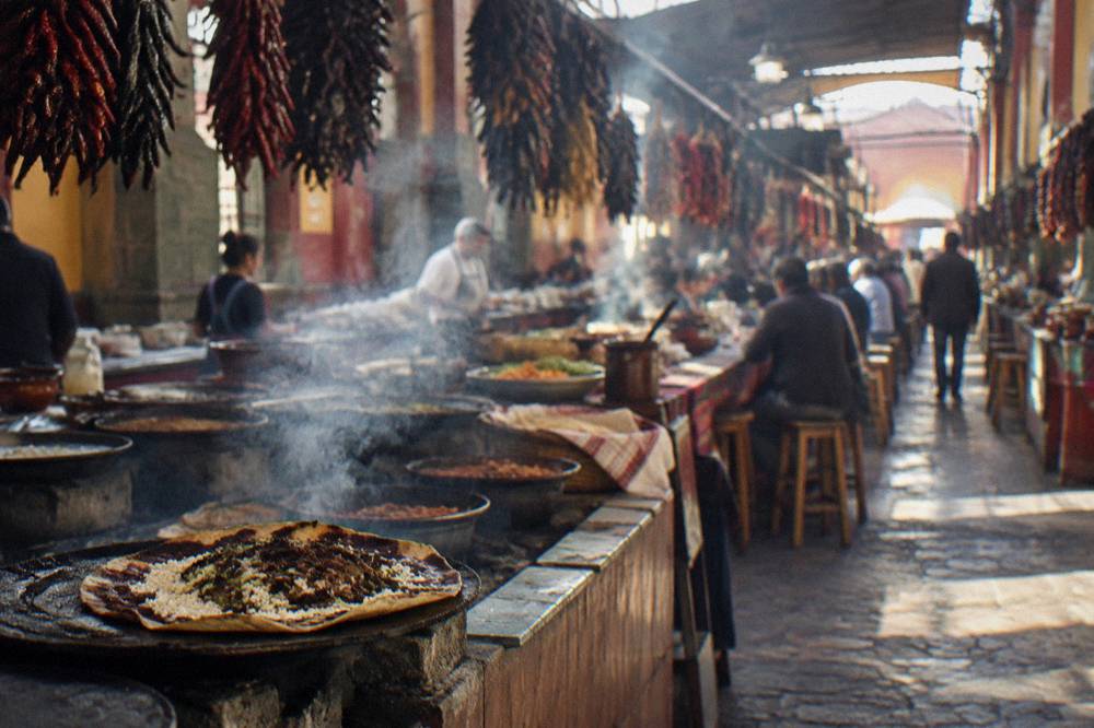 A tlayuda with beans, cheese and grilled meat on a large crisp tortilla