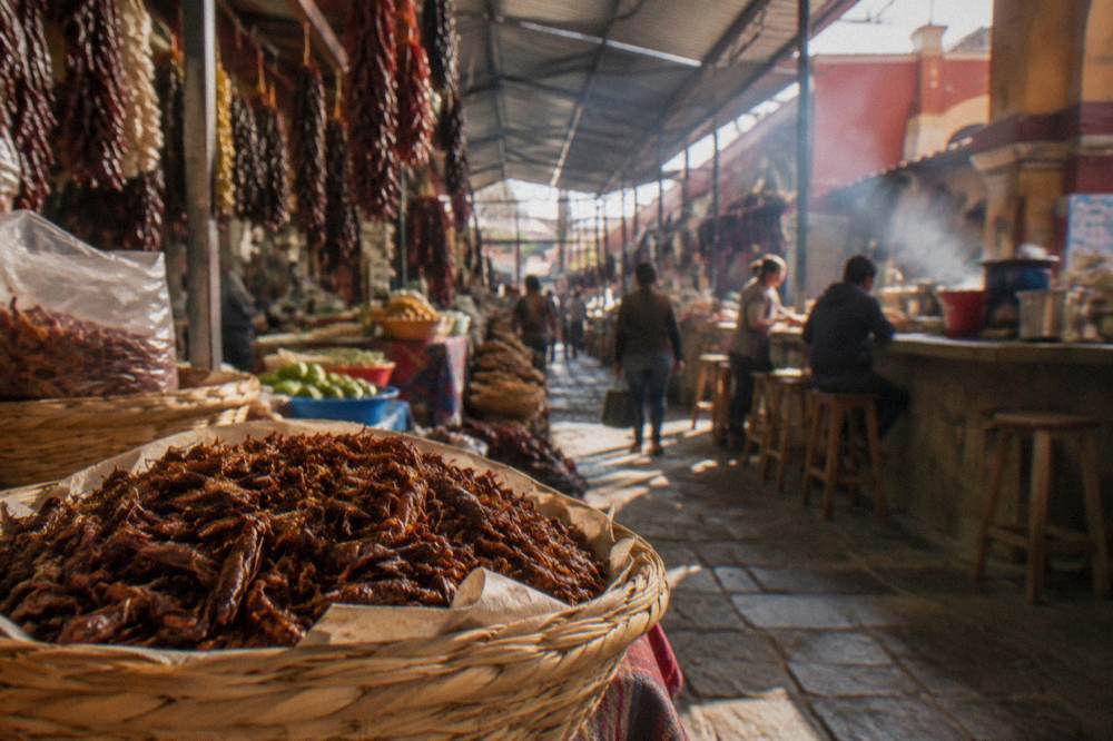 Toasted chapulines grasshoppers in a market basket with chilli seasoning