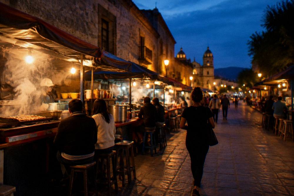 A evening food street in Oaxaca with lit stalls and people eating at counters