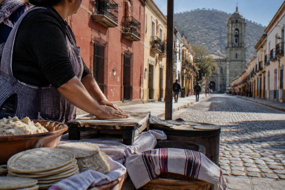 A cook pressing tortillas by hand at a Oaxaca market stall