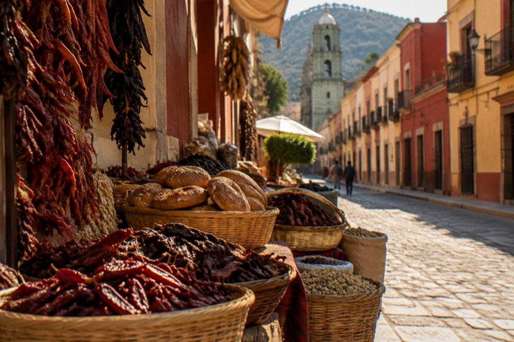 A Oaxaca market aisle with baskets of chillies, bread and dried goods