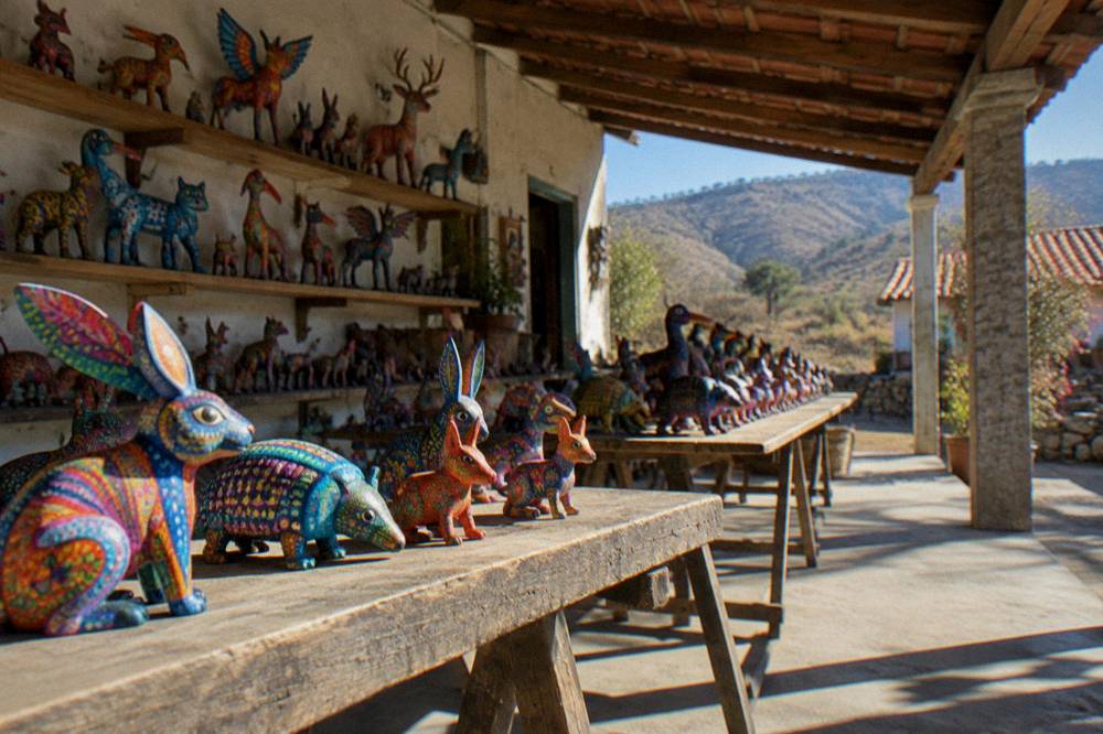 Painted wooden alebrije figures of animals displayed on shelves in a workshop