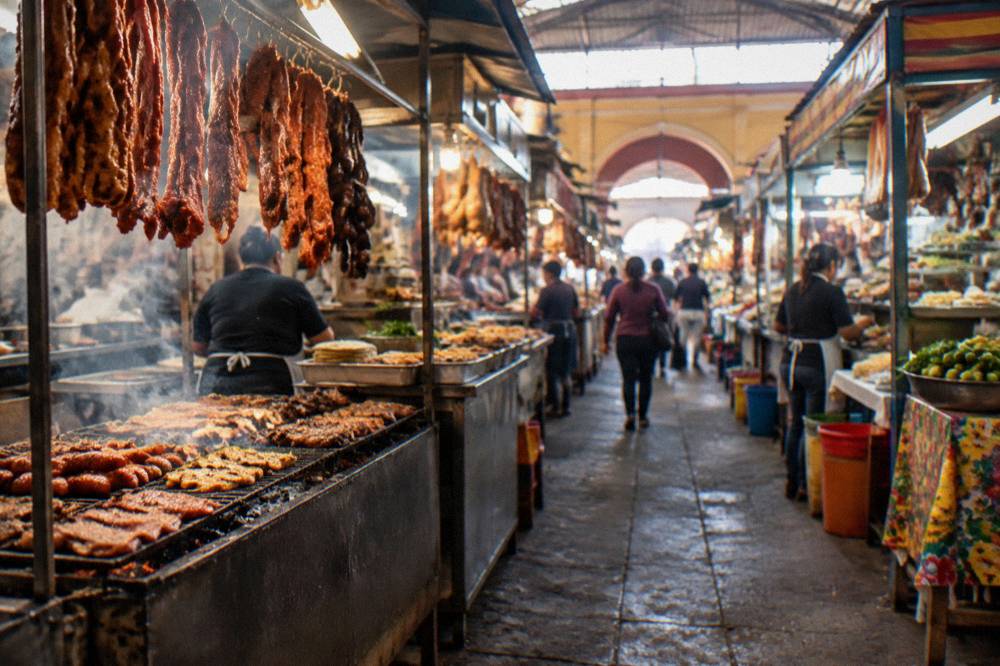 A busy food stall corridor inside an Oaxaca market with grills and hanging meats