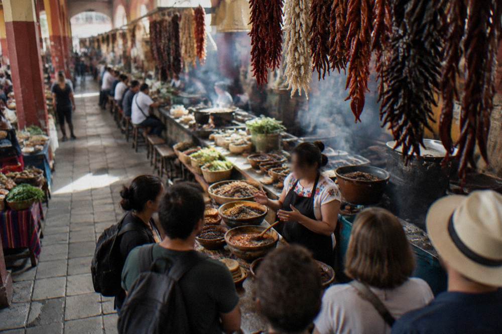 A guide explaining Oaxacan dishes to a small group at a market stall