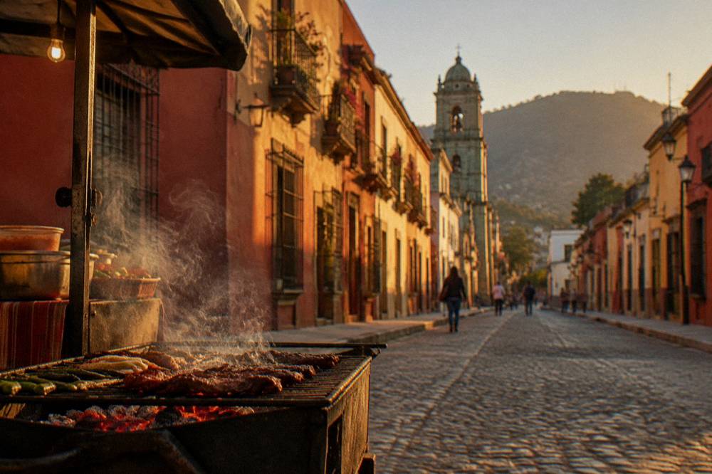 An evening street in an Oaxaca barrio with a charcoal grill glowing outside a food stand