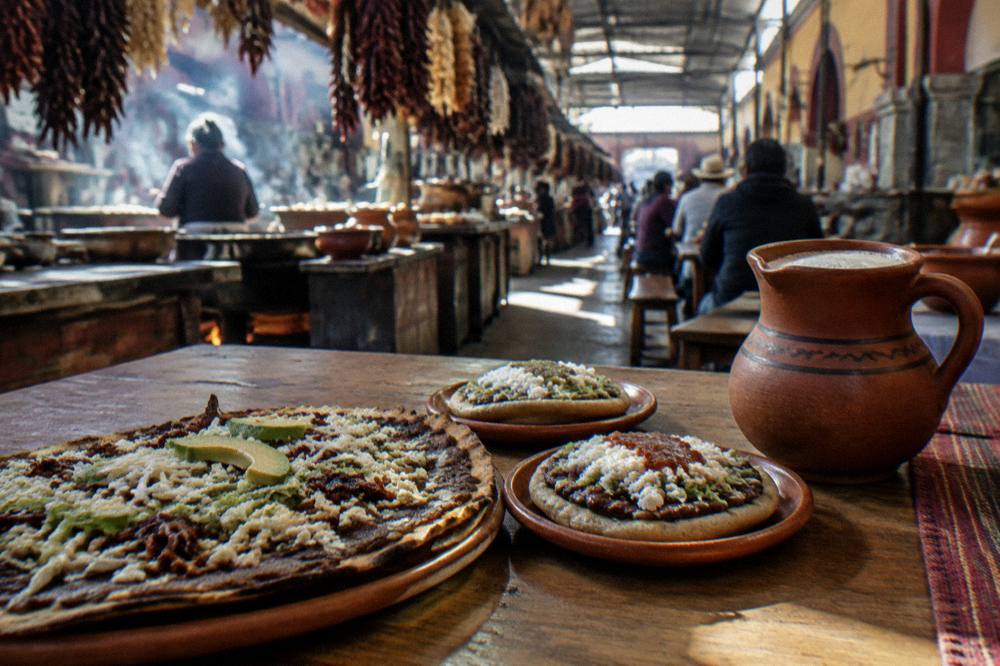 A spread of Oaxacan dishes including a tlayuda, memelas and a clay jug of tejate on a wooden table