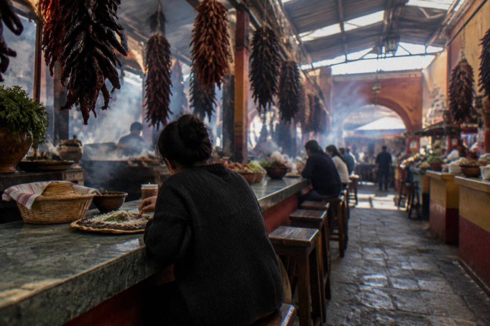 A person eating alone at a market counter with a tlayuda and a basket of tortillas