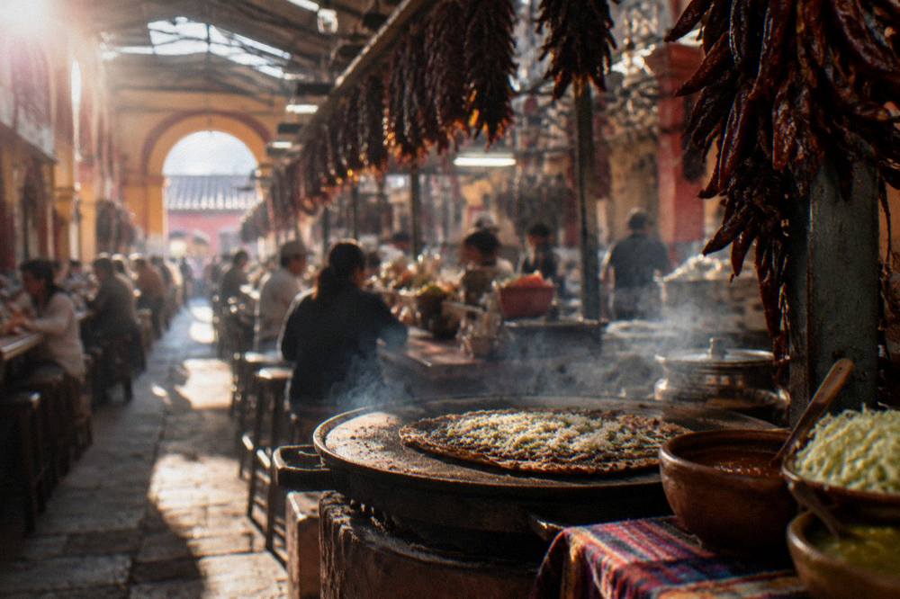 A toasted tlayuda whole on a comal with bowls of salsa and shredded cabbage beside it