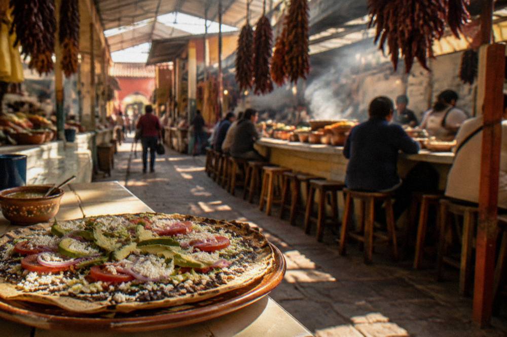 A large crisp tlayuda topped with beans, cheese and sliced vegetables on a plate