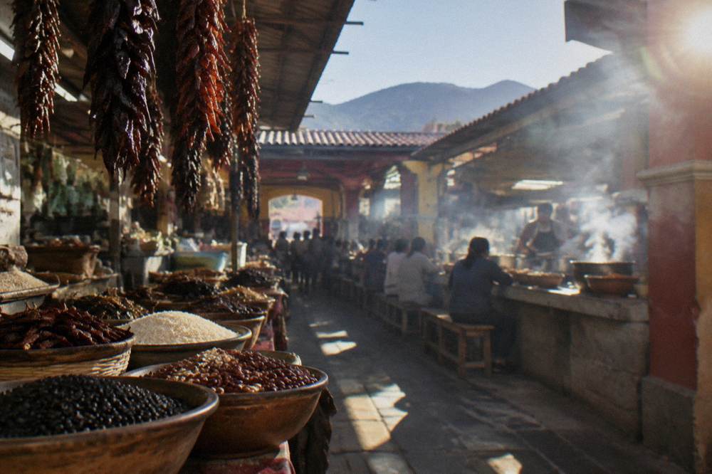 Bowls of dried beans, rice and chiles stacked at a market stall