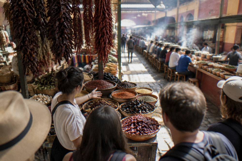A guide showing a small group bowls of spices and dried chiles at a market stall