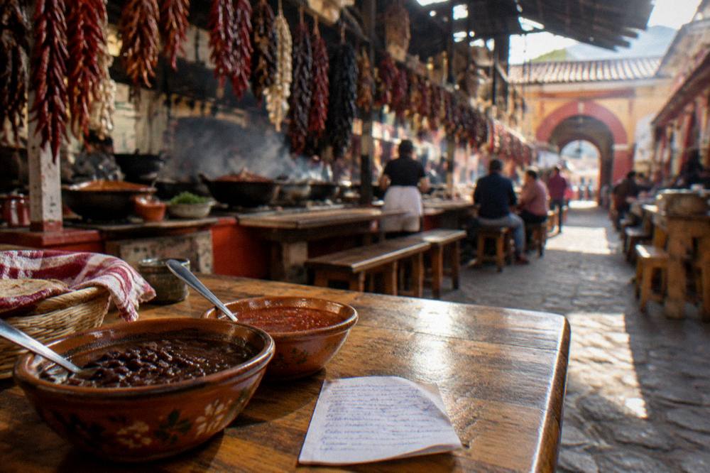 A handwritten note in Spanish beside a bowl of beans and salsa on a market table