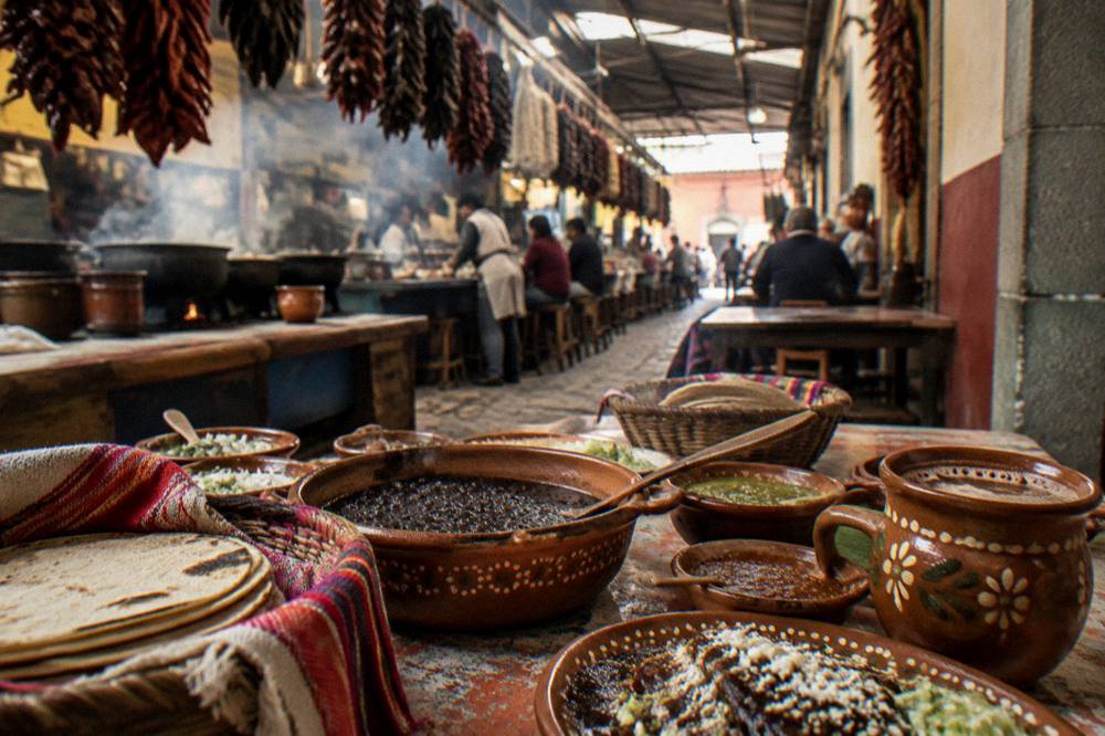 A table spread with Oaxacan dishes, beans, salsas, tortillas and hot chocolate