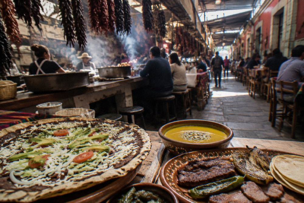 A table of Oaxacan dishes: a large tlayuda, a bowl of yellow mole and a plate of grilled meats with chiles and tortillas