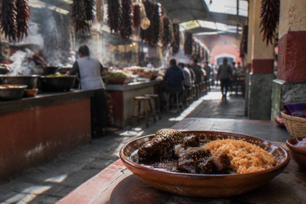 A bowl of dark mole negro sauce served over chicken with rice