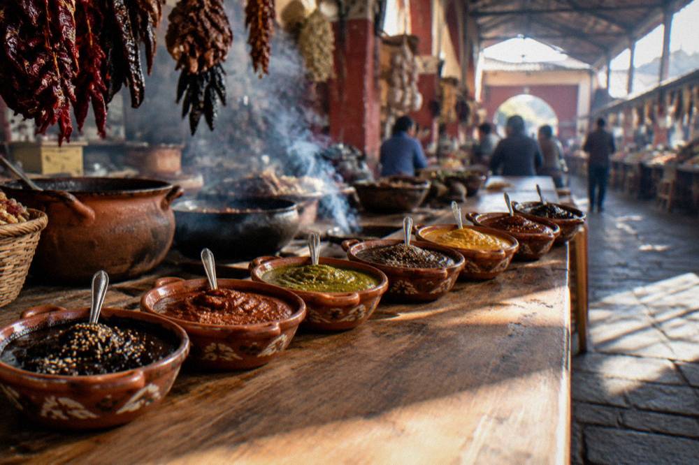 Seven small clay dishes of mole in different colours lined up on a wooden counter