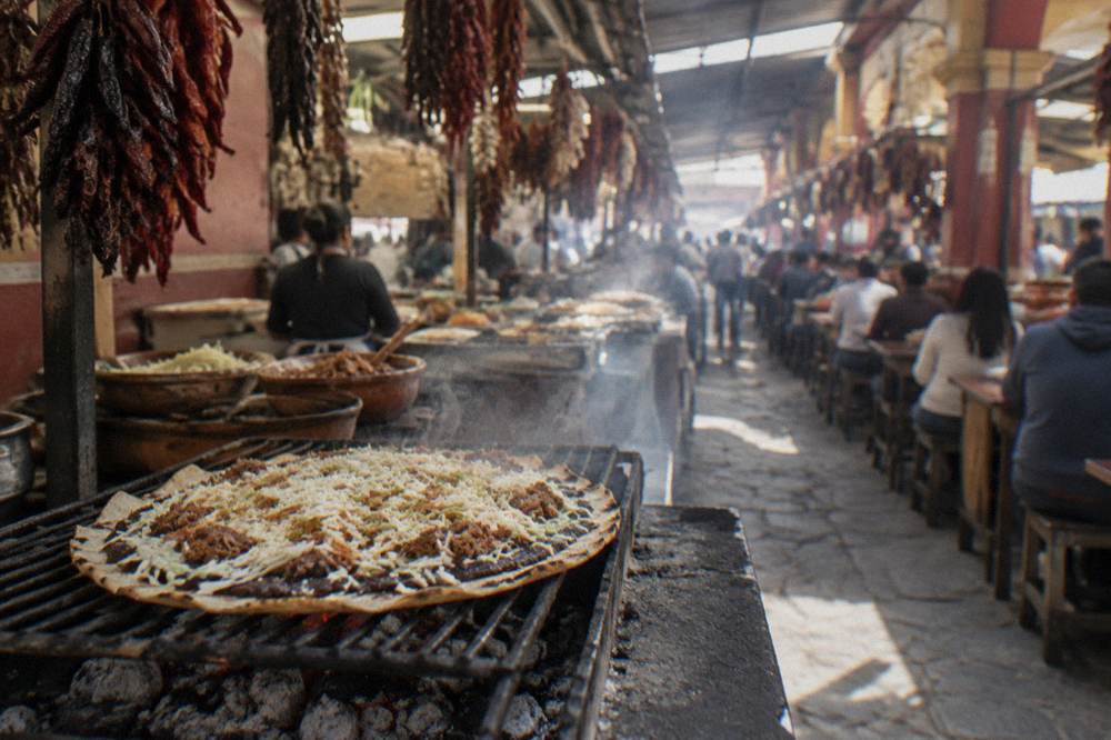A large crisp tlayuda topped with beans, quesillo, meat and cabbage on a street stall grill