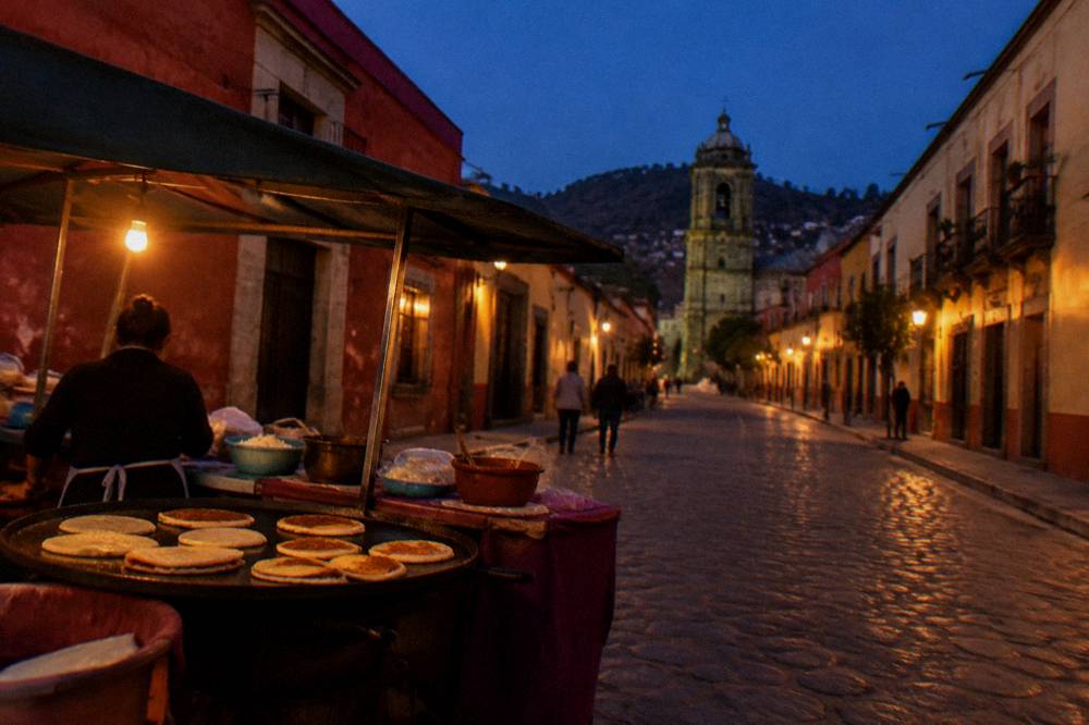 A street stall in Oaxaca City at dusk with memelas and quesadillas cooking on a comal
