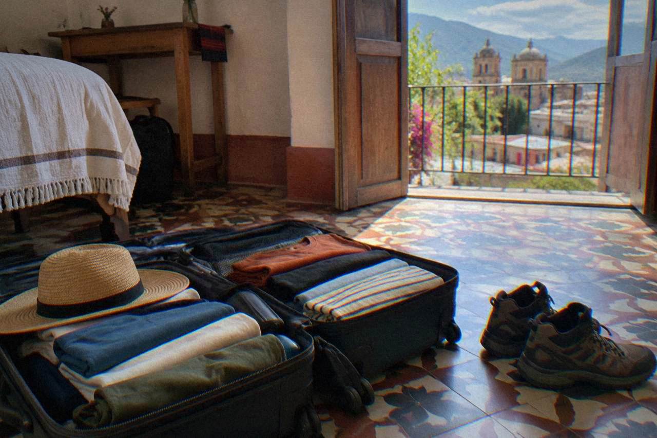 A packed suitcase open on a tiled floor with folded clothes, a sun hat and walking shoes ready for a highland city trip