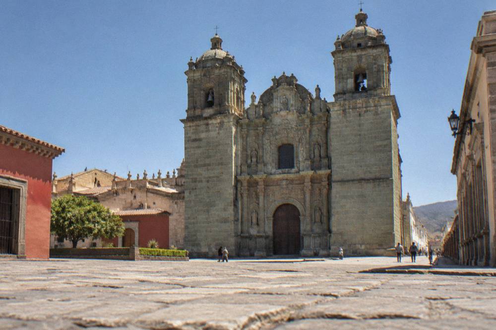 The church and former convent of Santo Domingo de Guzmán seen from a street in central Oaxaca