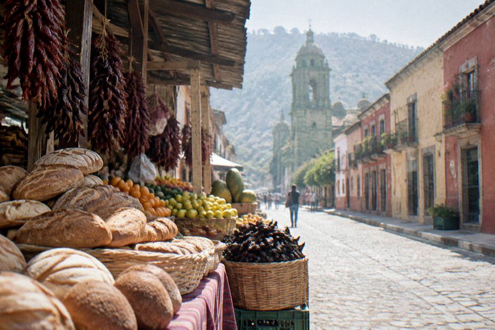 A market stall in Oaxaca piled with bread, fruit and chillies under a roof