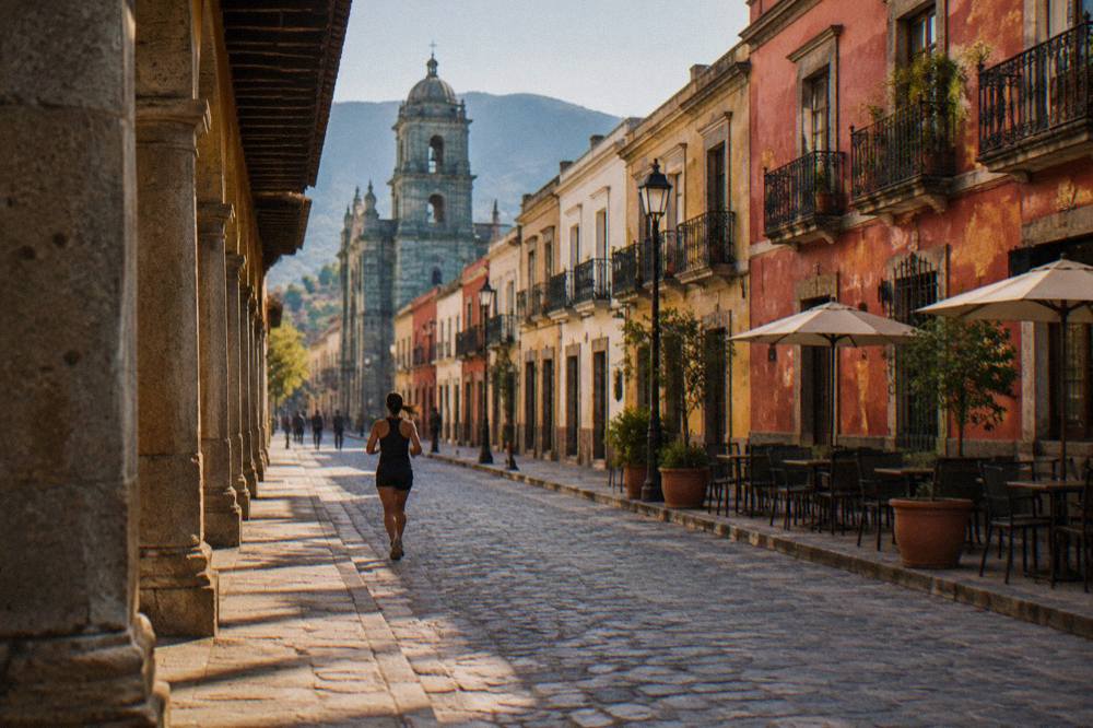 Shaded colonnade and stone arcade along a pedestrian street in Oaxaca's historic centre