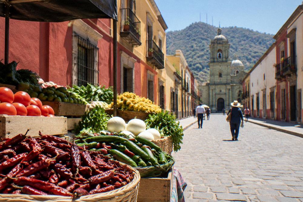Fresh produce and chillies arranged in stalls at a Oaxaca market