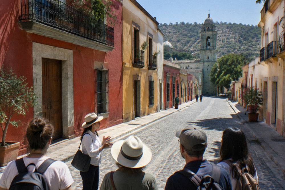 A walking guide speaking to a small group on a shaded street in central Oaxaca