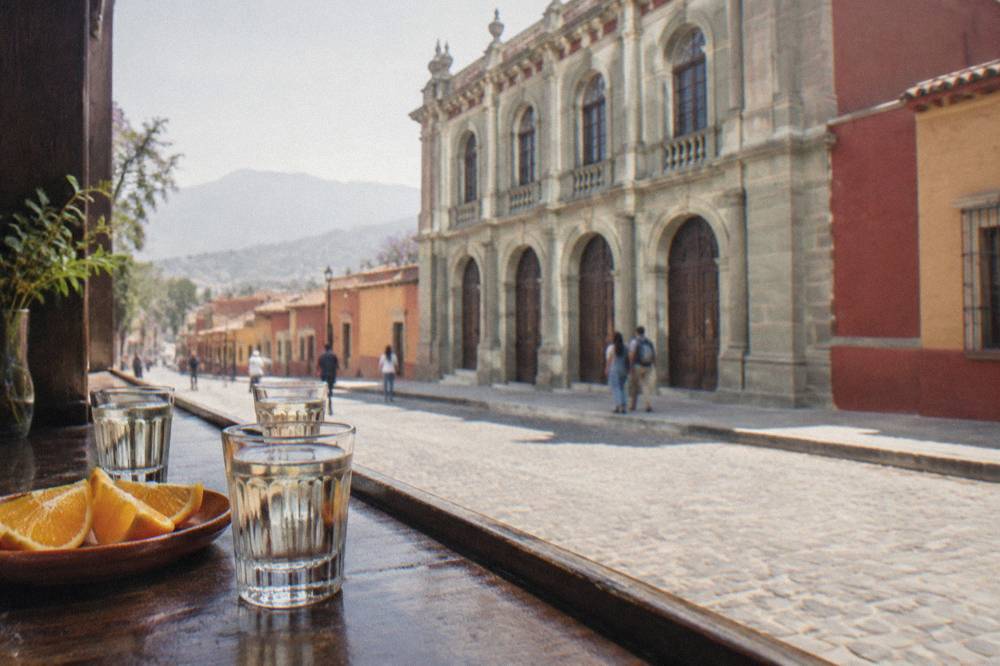 Glasses of mezcal and orange slices arranged on a dark wooden bar counter